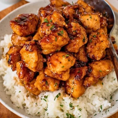 Plate of 20 Minute Honey Garlic Chicken Bites garnished with green onions.