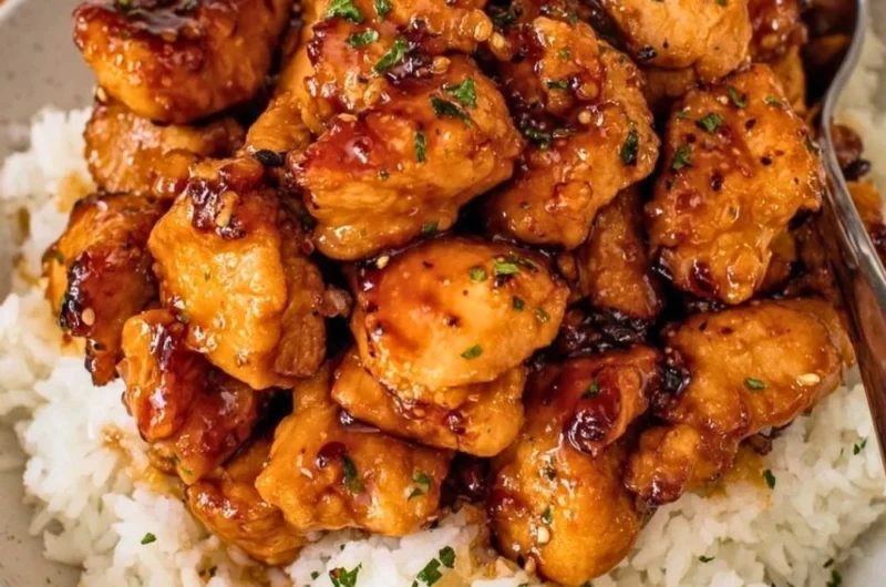 Plate of 20 Minute Honey Garlic Chicken Bites garnished with green onions.
