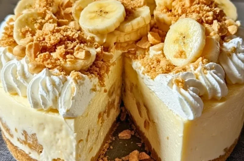 Delicious Banana Pudding Crunch Cheesecake topped with whipped cream and bananas