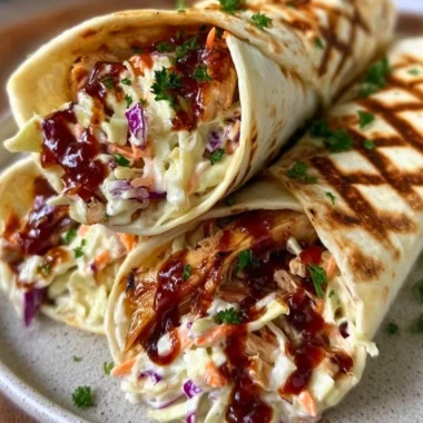 Delicious BBQ chicken coleslaw wraps served on a plate.