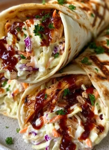 Delicious BBQ chicken coleslaw wraps served on a plate.