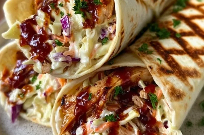 Delicious BBQ chicken coleslaw wraps served on a plate.