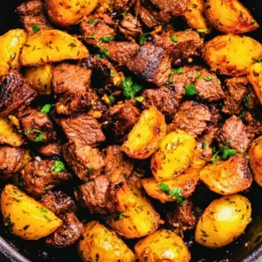Butter steak bites served with garlic herb potatoes on a plate.