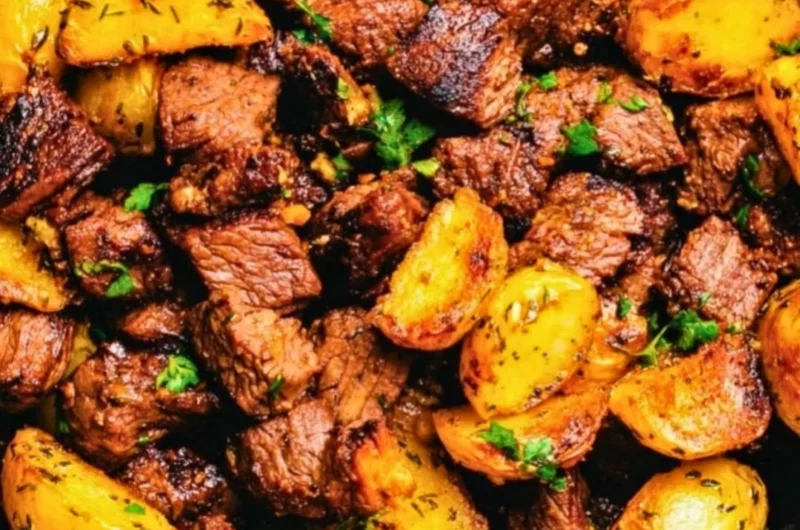 Butter steak bites served with garlic herb potatoes on a plate.