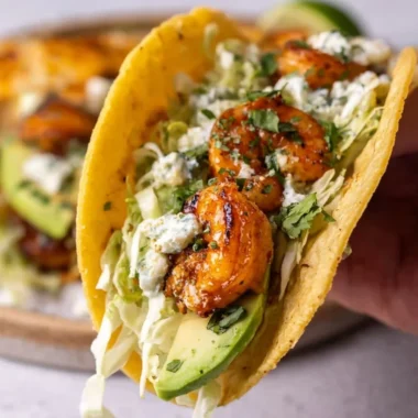 Cilantro lime shrimp tacos topped with creamy slaw on a rustic table.