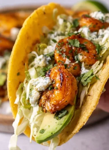 Cilantro lime shrimp tacos topped with creamy slaw on a rustic table.