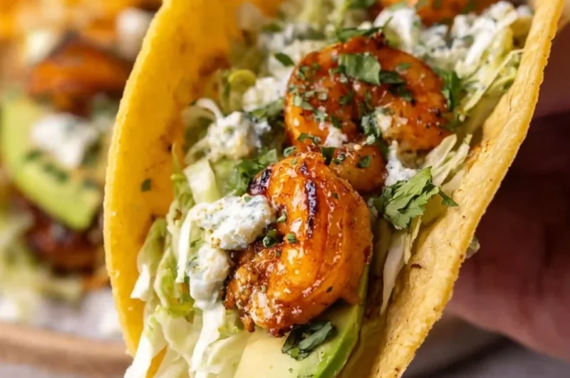 Cilantro lime shrimp tacos topped with creamy slaw on a rustic table.