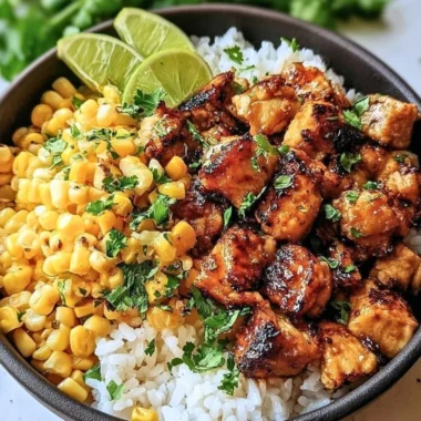 Colorful chicken and corn rice bowl garnished with fresh vegetables