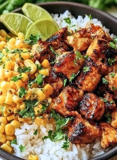 Colorful chicken and corn rice bowl garnished with fresh vegetables