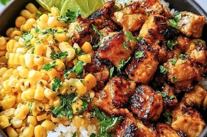 Colorful chicken and corn rice bowl garnished with fresh vegetables