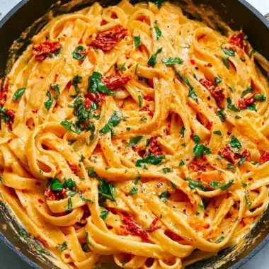 Creamy vegan sun-dried tomato pasta garnished with fresh herbs and tomatoes.