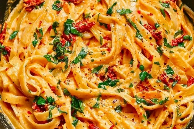 Creamy vegan sun-dried tomato pasta garnished with fresh herbs and tomatoes.