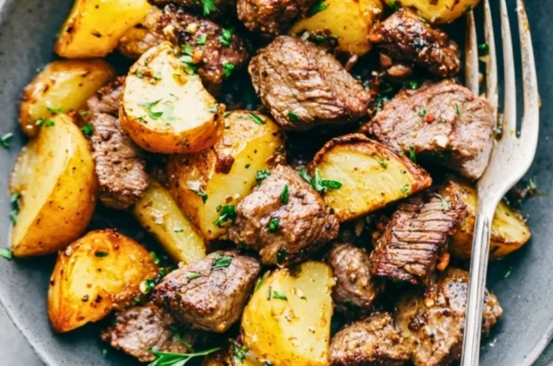 Garlic butter steak bites served with roasted potatoes on a plate