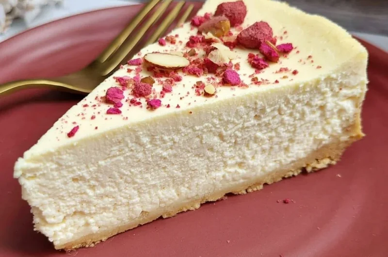 Gluten-free sugar-free diabetic cheesecake served on a plate with fresh berries