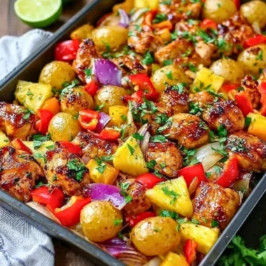 Hawaiian chicken and pineapple sheet pan dinner ready to serve