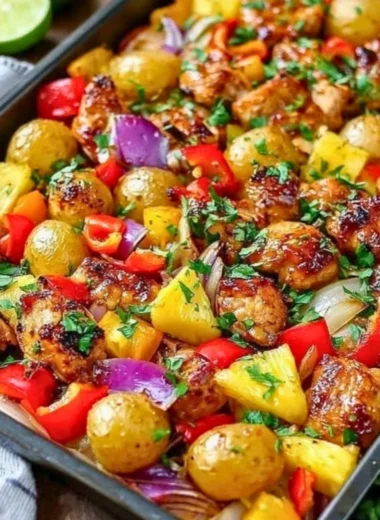 Hawaiian chicken and pineapple sheet pan dinner ready to serve