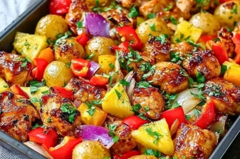 Hawaiian chicken and pineapple sheet pan dinner ready to serve