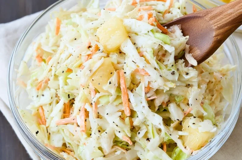 Bowl of colorful Hawaiian Coleslaw with pineapple and cabbage