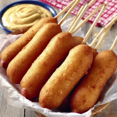 Plate of delicious honey corn dogs served with dipping sauces