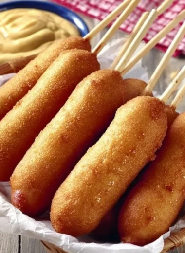 Plate of delicious honey corn dogs served with dipping sauces