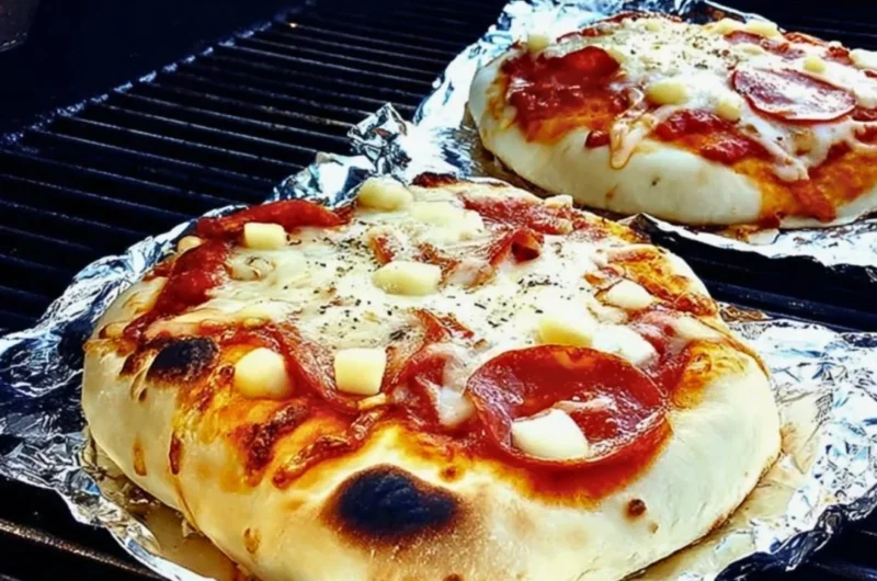 Delicious grilled pizza on a barbecue grill with fresh toppings.