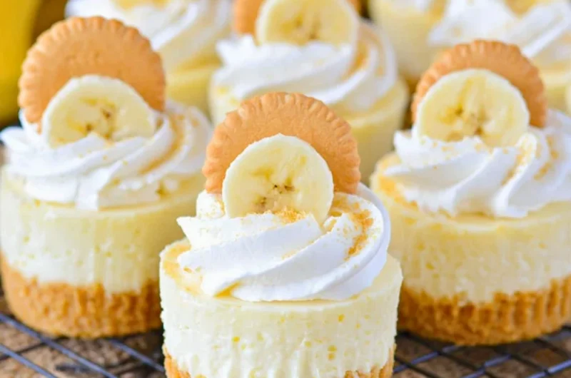 Mini banana pudding cheesecakes topped with whipped cream and banana slices