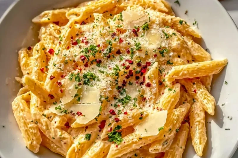 One Pot Creamy Garlic Pasta with herbs in a bowl