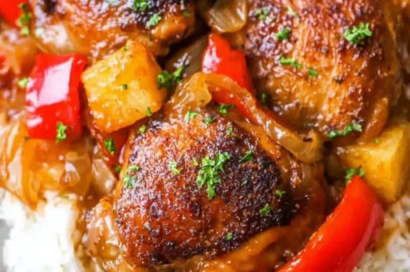 Delicious Slow Cooker Hawaiian Pineapple Chicken served with rice and vegetables