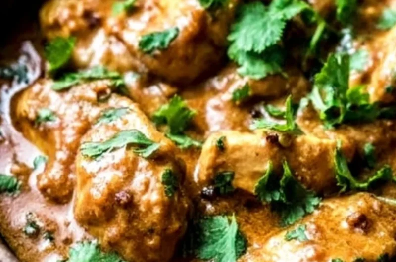 Slow Cooker Thai Peanut Chicken served with rice and vegetables