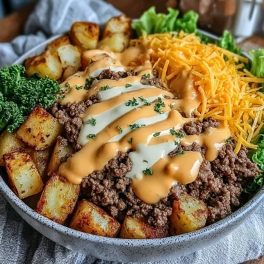 Smash Burger Bowl with fresh ingredients and toppings