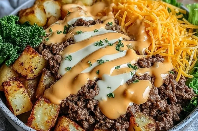 Smash Burger Bowl with fresh ingredients and toppings