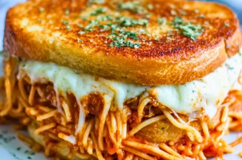 Delicious spaghetti grilled cheese sandwich prepared with gooey melted cheese.