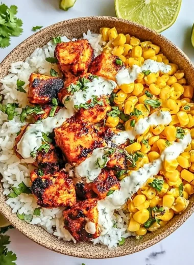 Delicious Street Corn Chicken Rice Bowl with chicken, corn, and rice