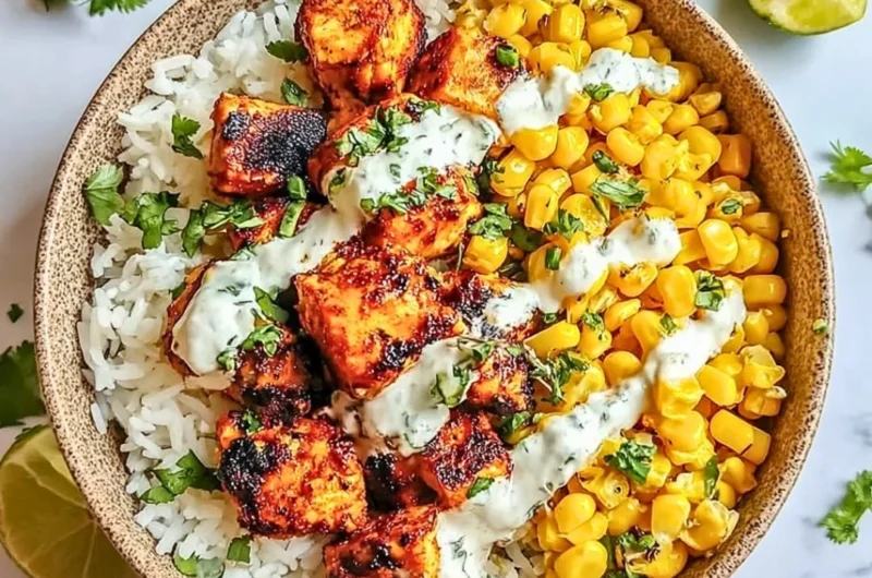 Delicious Street Corn Chicken Rice Bowl with chicken, corn, and rice