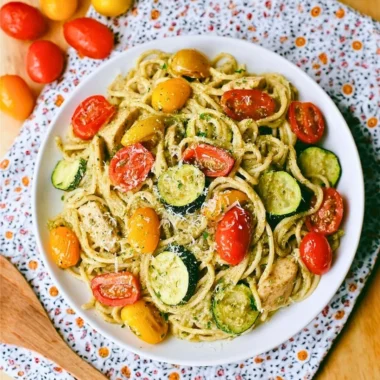 Deliciously prepared Parmesan Zucchini Tomato Chicken Spaghetti served on a plate