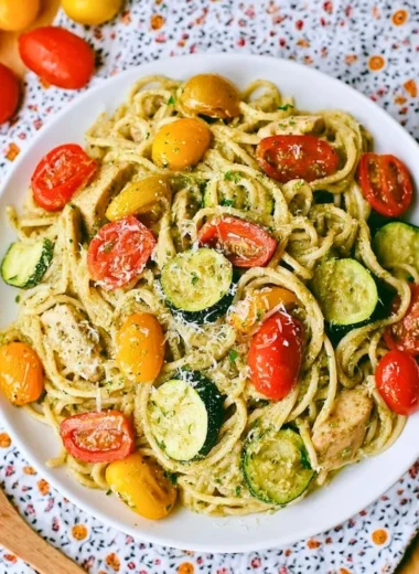 Deliciously prepared Parmesan Zucchini Tomato Chicken Spaghetti served on a plate