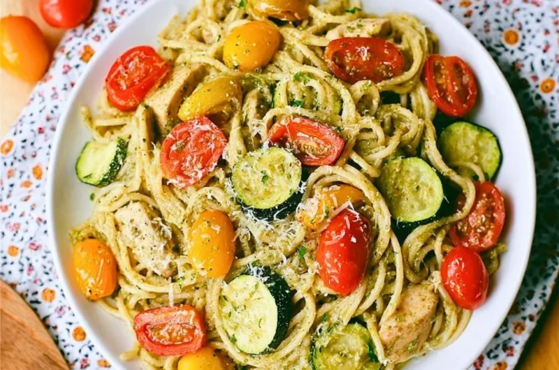 Deliciously prepared Parmesan Zucchini Tomato Chicken Spaghetti served on a plate