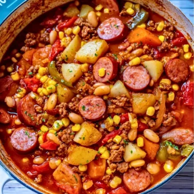 Delicious Texas Cowboy Stew in a crockpot with beef and vegetables