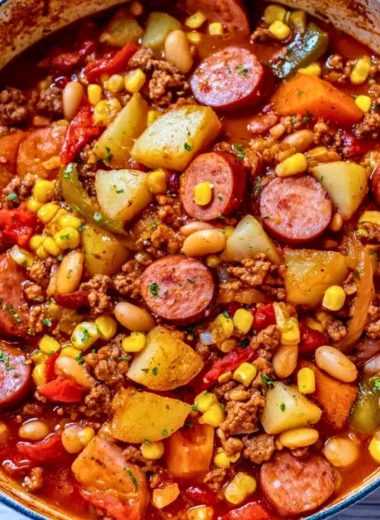 Delicious Texas Cowboy Stew in a crockpot with beef and vegetables