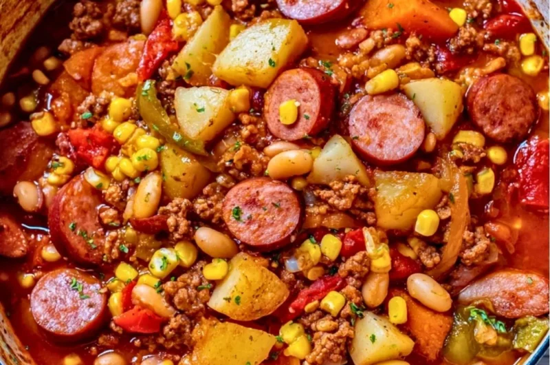Delicious Texas Cowboy Stew in a crockpot with beef and vegetables