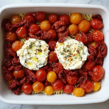 A creamy Baked Boursin Pasta dish topped with herbs and tomatoes.