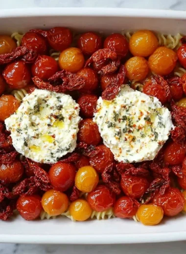 A creamy Baked Boursin Pasta dish topped with herbs and tomatoes.