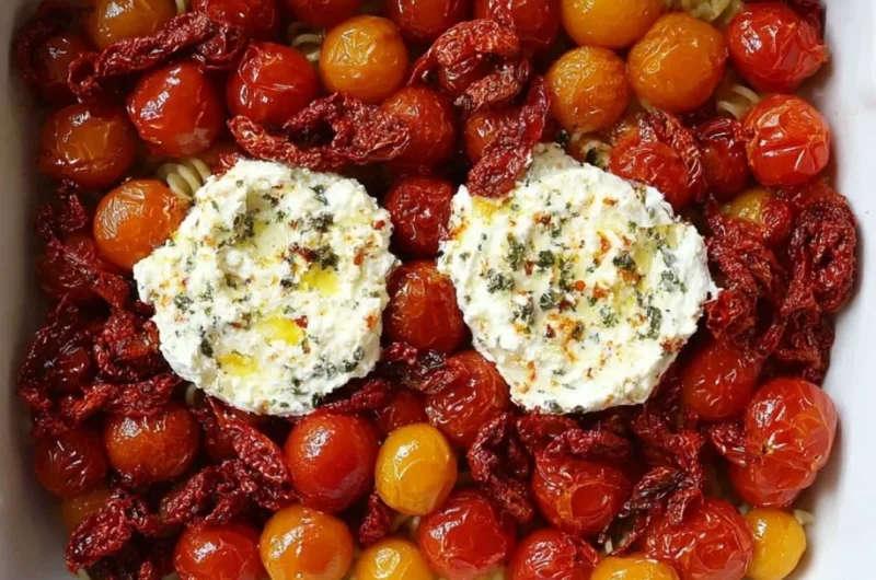 A creamy Baked Boursin Pasta dish topped with herbs and tomatoes.
