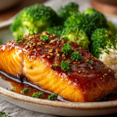 Deliciously baked salmon fillet served on a plate with herbs