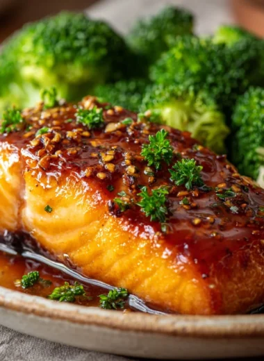 Deliciously baked salmon fillet served on a plate with herbs