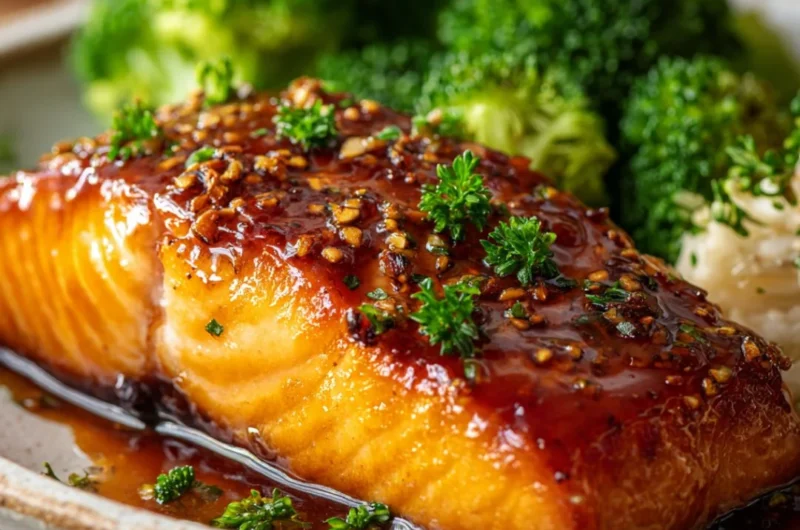 Deliciously baked salmon fillet served on a plate with herbs