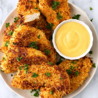 Plate of golden brown breaded air fryer chicken tenders served with dipping sauce