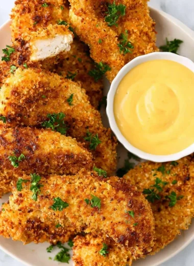 Plate of golden brown breaded air fryer chicken tenders served with dipping sauce