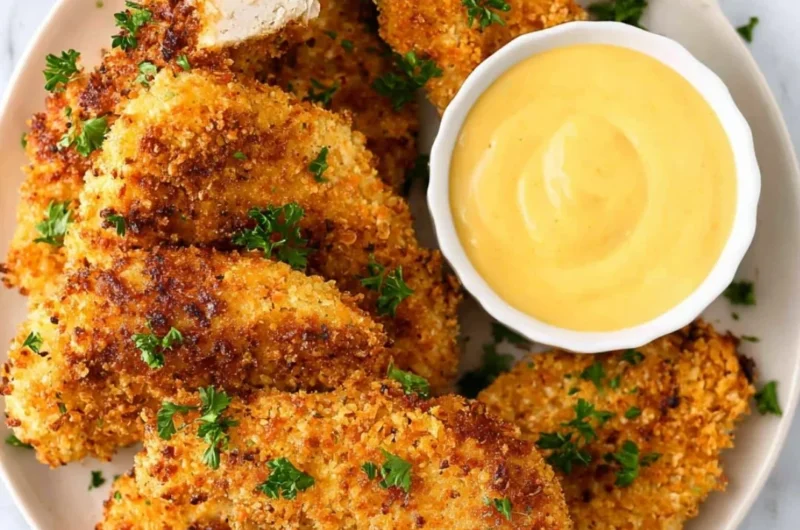 Plate of golden brown breaded air fryer chicken tenders served with dipping sauce