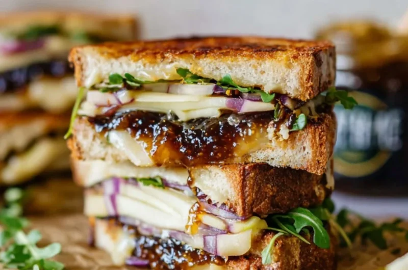Brie, Fig, and Apple Grilled Cheese sandwich with golden brown crust
